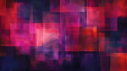 Bright abstract shapes in red and purple create an energetic composition filled with depth and texture