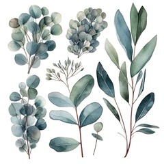 Watercolor painting of various green leaves isolated on white background.