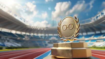 Golden Trophy with Interlocking Rings Symbol in a Stadium Setting