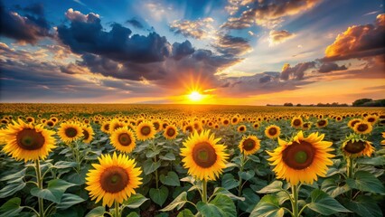 Obraz premium Beauty sunset over a sunflower field , Summer, landscape, sunset, sunflowers, field, beauty, nature, sky, colorful