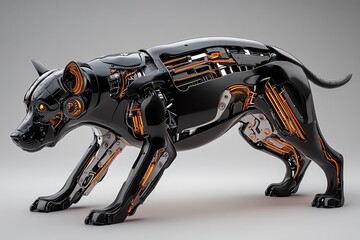 A futuristic robotic dog with sleek black and metallic design, showcasing advanced technology and intricate internal mechanisms.
