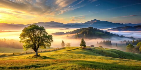 Fototapeta premium Carpathian rural landscape at sunrise with a tree on a grassy meadow, foggy valley, and mountain ridge in the distance