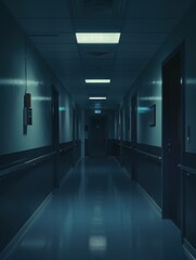 Naklejka premium Dark and empty corridor with exit sign.