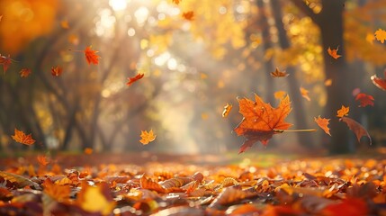 Autumn background with golden autumn leaves falling on the ground in a forest Generative AI