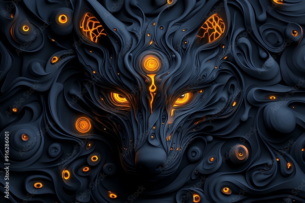 Aufkleber Abstract digital artwork of a wolf displaying vivid orange eyes and intricate swirling patterns, creating a unique mystical effect.
