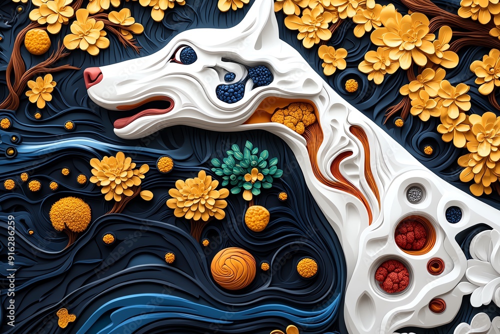 Poster Abstract paper art of a dog surrounded by flowers and swirling patterns. Vibrant colors and intricate design elements.