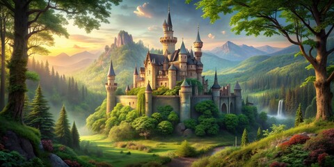 Fototapeta premium Enchanted forest castle surrounded by lush greenery and a majestic fairytale palace in the background, enchanted, forest