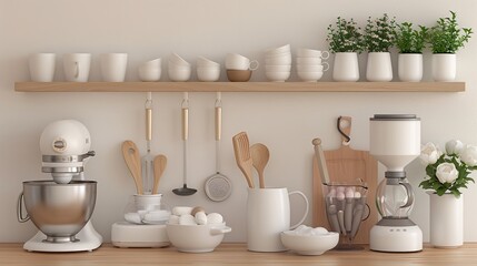 modern kitchen appliances and food prep tools, sleek kitchen gadgets and tools for cooking