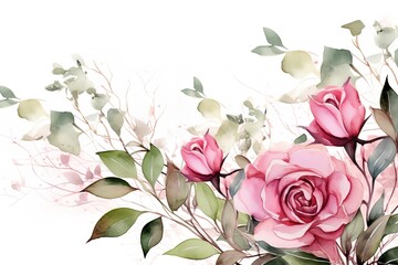 Watercolor painting of delicate pink roses and green leaves on a white background.