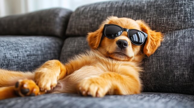 Golden Relaxation: A golden retriever puppy, sporting stylish shades, lounges on a comfortable couch, embodying pure canine contentment. 