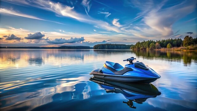 Blue Jetsky on a tranquil lake, blue, jetsky, water sport, adventure, summer fun, vacation, leisure, recreation