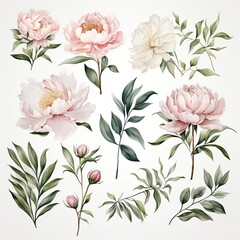 Watercolor Peony Flowers and Greenery.