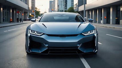 Naklejka premium A futuristic sports car parked in the middle of the road with modern city buildings in the background.
