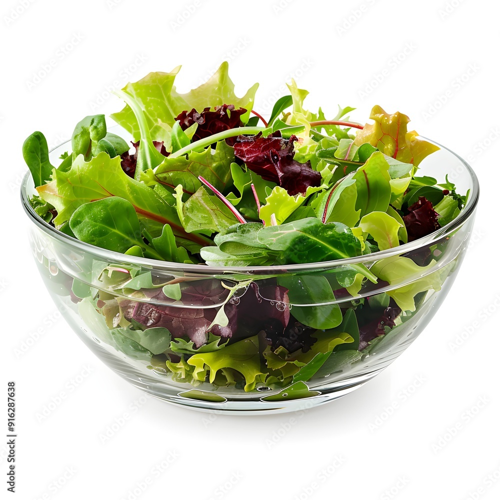 Sticker fresh salad greens in glass bowl