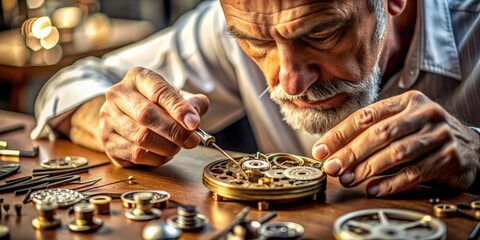 Watchmaker meticulously repairing mechanical watches in his workshop, workshop, repair, precision, expertise