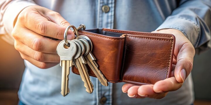 A close-up image of a hand holding a set of lost keys and a wallet, lost, keys, wallet, misplaced, forgotten, missing, accessory