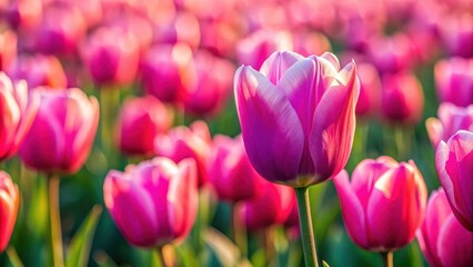 Fototapeta premium Amazing pink tulip flowers blooming in a tulip field, against the background of blurry tulip flowers, pink, tulip, flowers, blooming