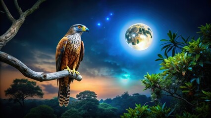 of Garuda bird perched on tree at night, Garuda, bird, tree, night, dark, fantasy, mythical, creature, wings