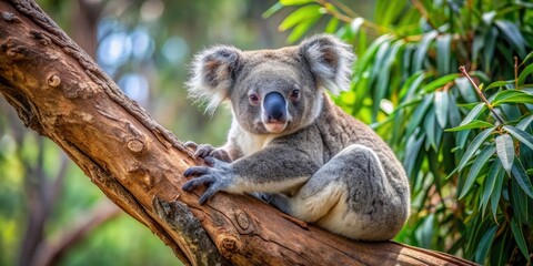 Fototapeta premium Koala lounging on a eucalyptus tree in the wild wildlife, adorable, native Australian animal, nature, eucalyptus leaves, tree