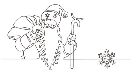 Draw a continuous line. Santa Claus with gift bag and snow. Vector illustration