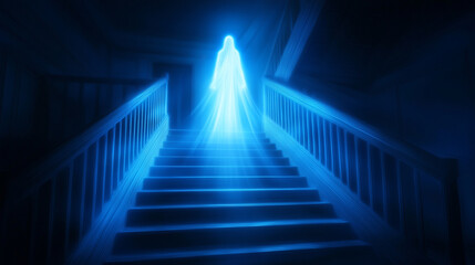 A mysterious ghostly figure appears on a dimly lit staircase, creating an ethereal and haunting atmosphere.