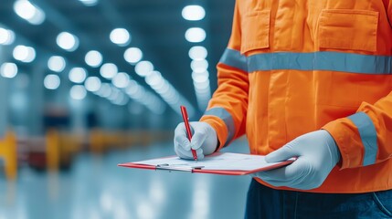 A safety officer wearing an orange uniform conducts an inspection, taking notes on a clipboard in a well-lit industrial setting.