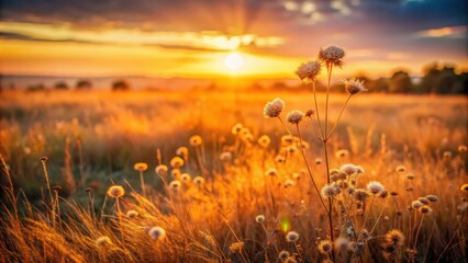 Naklejka premium Abstract warm landscape of dry wildflower and grass meadow during golden hour sunset or sunrise, wildflower, grass, meadow