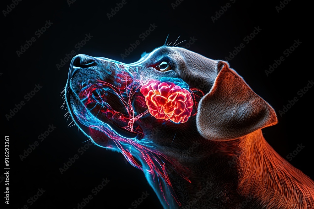 Poster digital illustration of a dog's nervous system with brain overlay, highlighting neural connections a