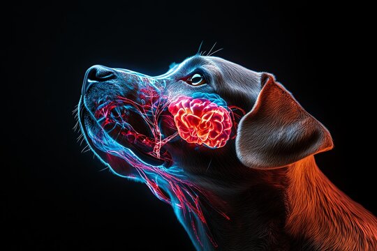 Digital illustration of a dog's nervous system with brain overlay, highlighting neural connections and anatomy against a black background.