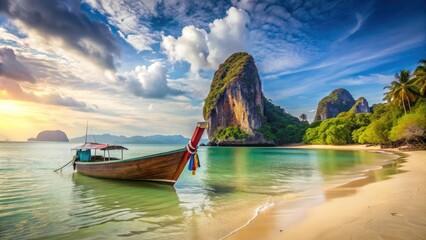 Obraz premium Long boat surrounded by rocks on sandy beach in Krabi, Thailand, long boat, rocks, beach, Krabi, Thailand, traditional