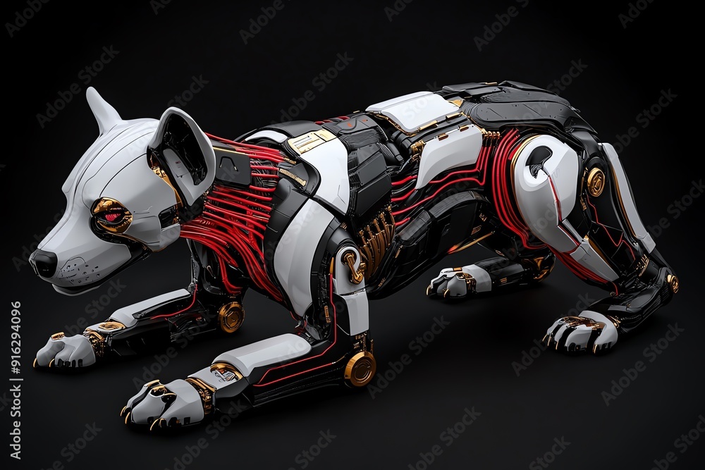 Poster futuristic robotic dog design featuring intricate mechanical elements, sleek black and white with re