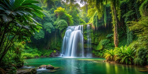 Beautiful waterfall surrounded by lush green jungle foliage, waterfall, jungle, nature, tropical, green, trees, cascading