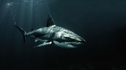 Fototapeta premium Great White Shark Swimming in Dark Ocean Water