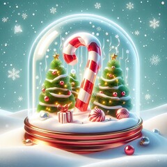 Christmas winter background in transparent glass snow dome inside candy cane lies in snowdrift. Realistic 3d design in cartoon plastic style. Merry Christmas and Happy new year. Vector illustration.AI