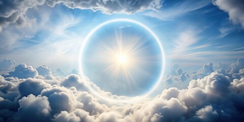 Light circle shining through fluffy white clouds, sunlight, bright, sky, heavenly, celestial, ethereal, radiant, beam, heaven