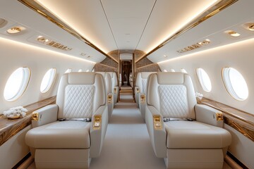 Fototapeta premium Luxurious Private Jet Interior with Plush Leather Seats and Gold Accents, Ready for Boarding