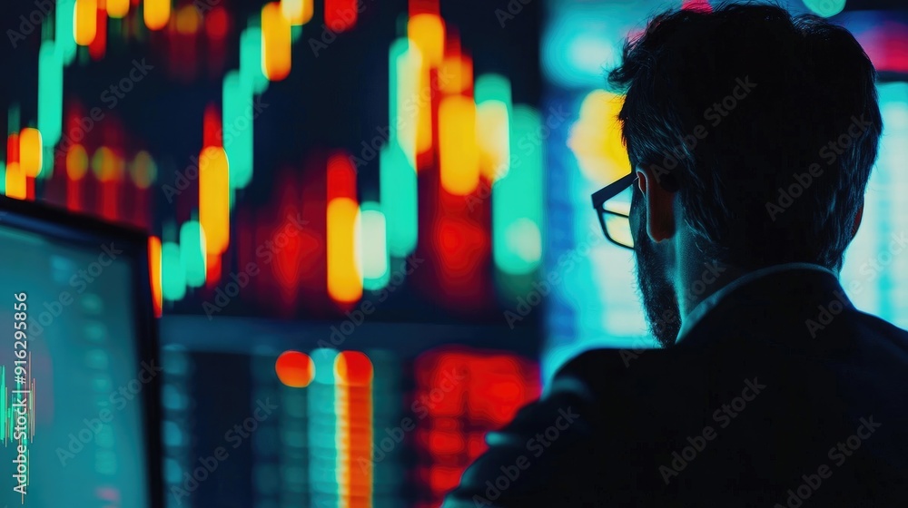 Poster Bullish trader analyzing market data on a computer, with stock and crypto charts in the background. The blurred setting creates a sharp contrast.