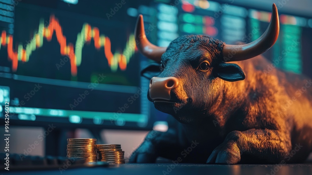Poster bullish trader at a computer with stock market and crypto charts in the background, symbolizing opti