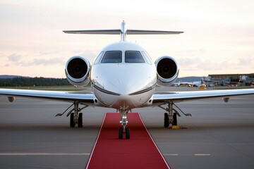 Naklejka premium Exclusive VIP Luxury Travel Concept with Private Jet and Red Carpet on Tarmac