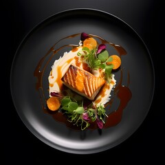 Gourmet salmon dish beautifully arranged on a black plate with fresh greens
