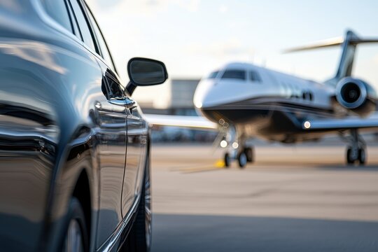 Seamless Luxury Travel: Sedan Parked by Private Jet on Exclusive Airstrip