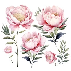 Watercolor pink peonies and green leaves isolated on white.