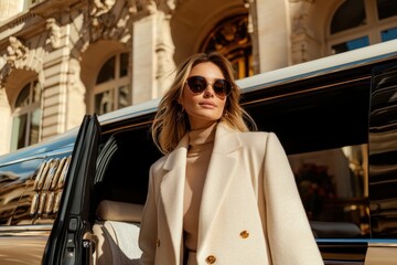 Elegant Woman Arriving at Luxury Hotel in Limousine - Stylish and Luxurious Travel Experience