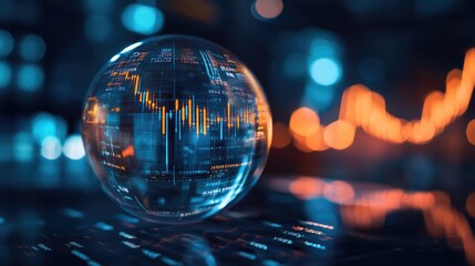 Crystal globe with a stock market chart and candlestick pattern, highlighting investor predictions and future market trends.