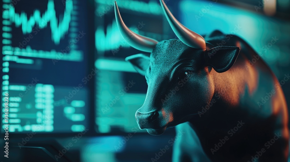 Poster digital bull and trader analyzing crypto and stock market charts on a computer, emphasizing a bullis