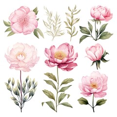Watercolor Pink Peony Flowers with Green Leaves.