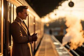 Elegant Man in Overcoat and Leather Gloves Standing on Luxury Train Platform Amid Steam - Timeless Travel Elegance Concept
