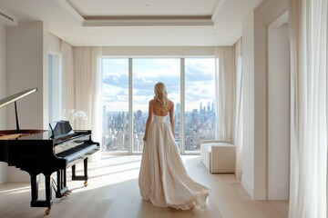 Fototapeta premium Glamorous Woman in Flowing Gown Entering Luxury Hotel Suite with Grand Piano and City Views, Elegant Travel Concept