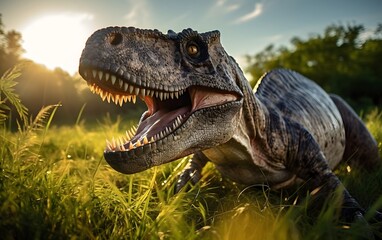 Obraz premium Dinosaur with an intimidating gaze hunting in a sunlit prehistoric forest 
