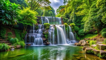 Obraz premium A beautiful waterfall in the park with lush greenery surrounding it, waterfall, park, nature, outdoor, landscape, serene